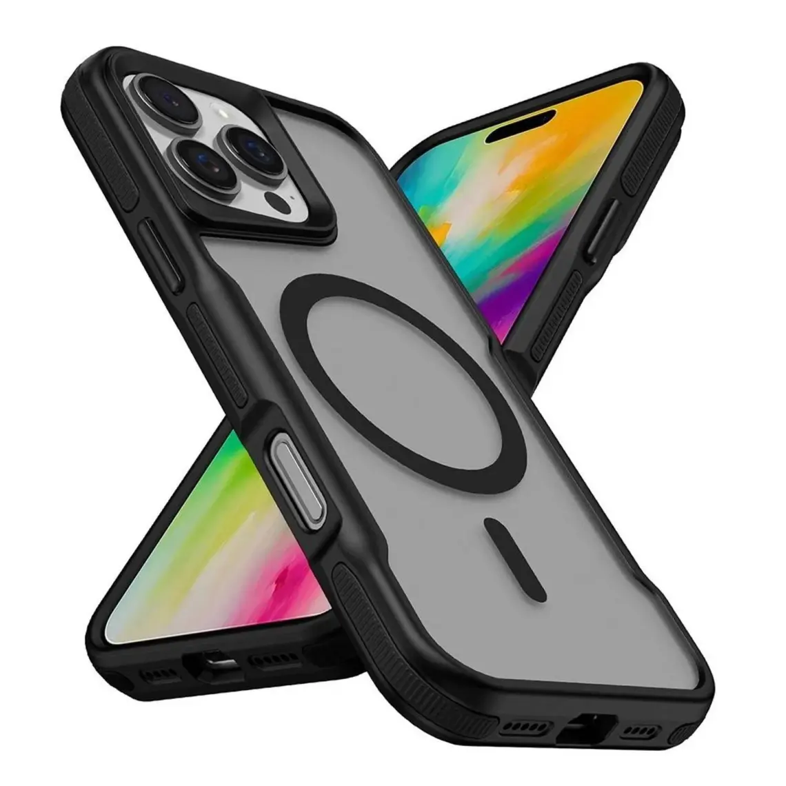 Farma Teknoloji iPhone 16 Pro Uyumlu Magsafe Şarj Özellikli Renkli Kenar Airbag Şeritli Lamer Kapak-Siyah