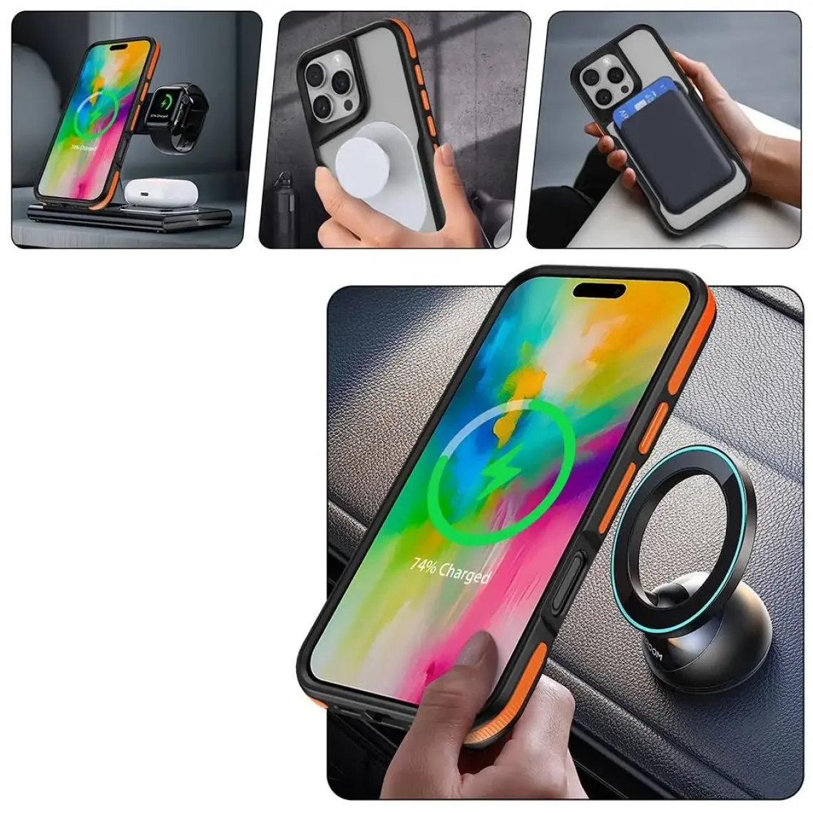 Farma Teknoloji iPhone 16 Pro Uyumlu Magsafe Şarj Özellikli Renkli Kenar Airbag Şeritli Lamer Kapak-Siyah