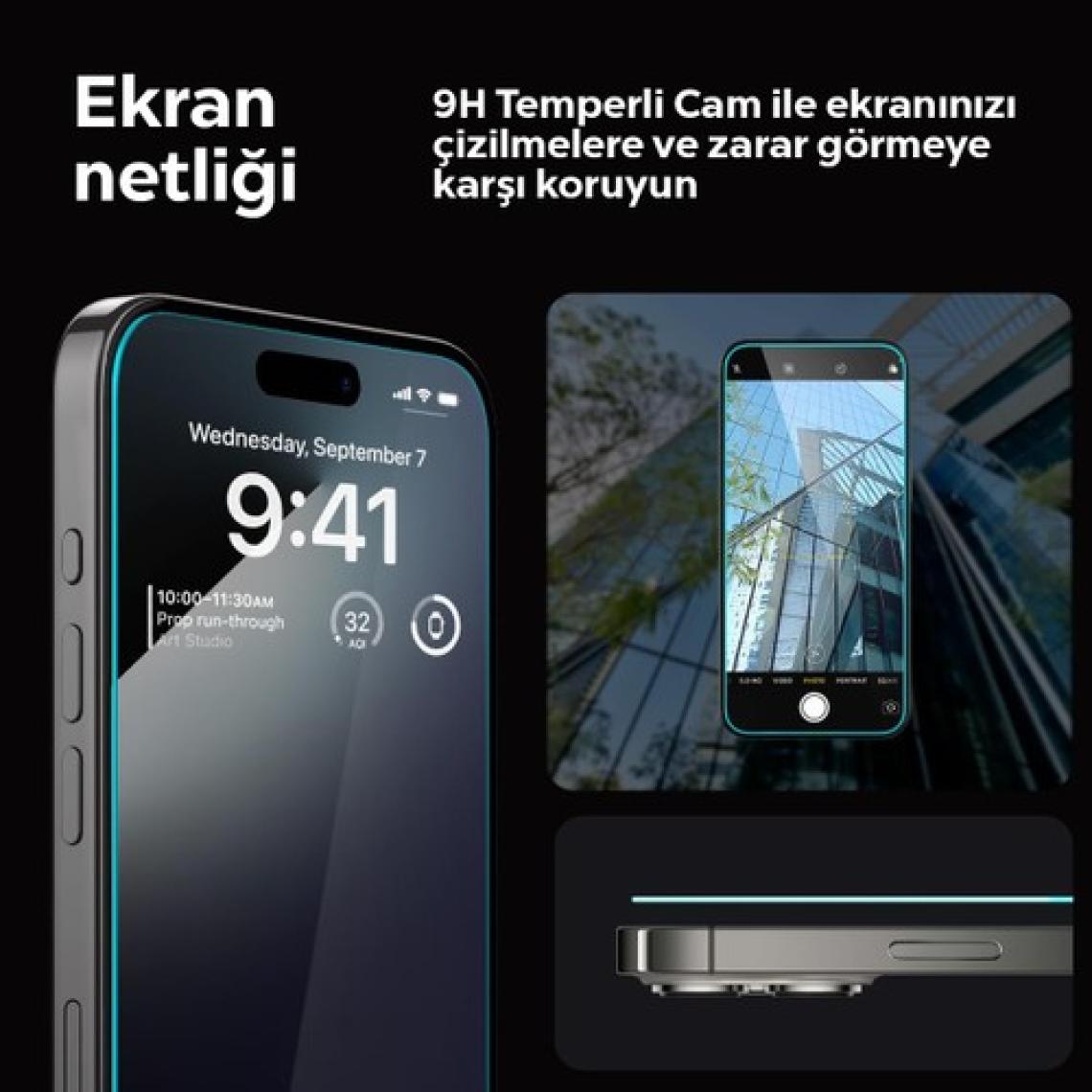 Spigen iPhone 15 Pro Cam Ekran Koruyucu Kolay Kurulum GLAS.tR EZ Fit Slim HD (2 Adet) - AGL06892