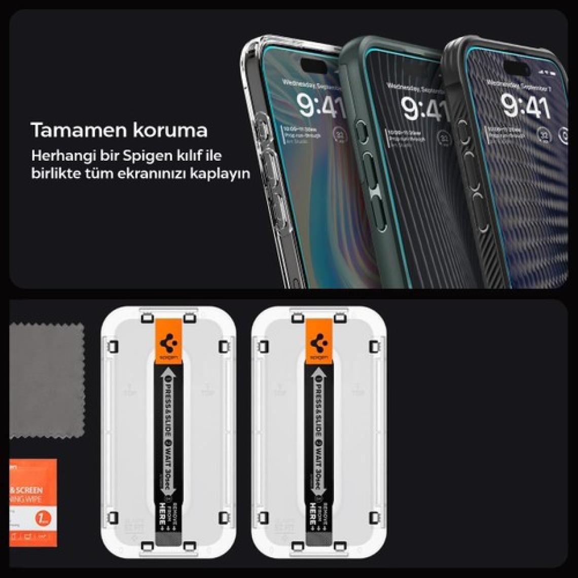 Spigen iPhone 15 Pro Cam Ekran Koruyucu Kolay Kurulum GLAS.tR EZ Fit Slim HD (2 Adet) - AGL06892
