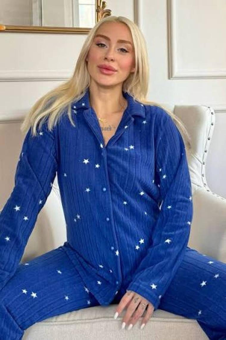 Pijama Evi Lacivert Lune Desenli Önden Düğmeli Peluş Polar Pijama Takımı