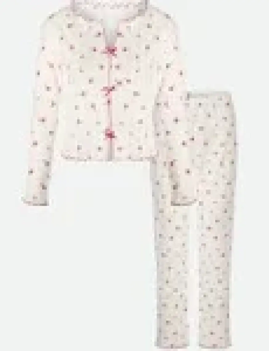 Kadın Pamuklu Çıtır Çiçek Desenli Baby Overloklu Fiyonk Detaylı Uzun Kollu Pijama Takımı