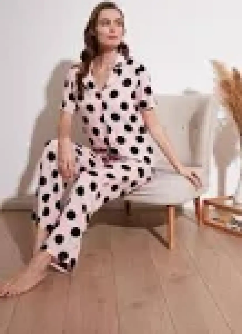 Lela Rahat Kesim Bol Paça Mono Yaka Kısa Kollu Pijama Takımı Bayan Pijama Takımı 6110290