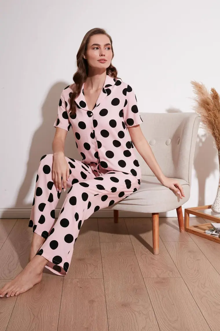 Lela Rahat Kesim Bol Paça Mono Yaka Kısa Kollu Pijama Takımı Bayan Pijama Takımı 6110290