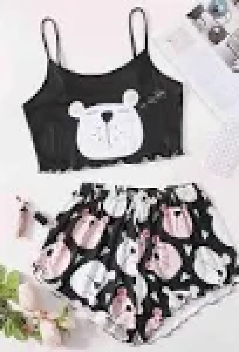 Merry See Uyuyan Ayıcık Basklı Ultrasoft Askılı Sortlu Pijama Takımı