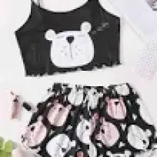 Merry See Uyuyan Ayıcık Basklı Ultrasoft Askılı Sortlu Pijama Takımı