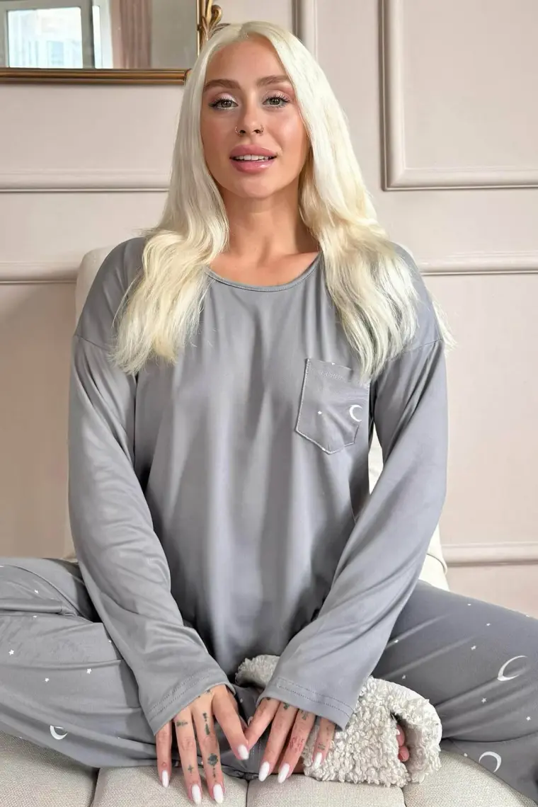 Pijama Evi Antrasit Ay Yıldız Desenli Bambu Uzun Kol Kadın Pijama Takımı