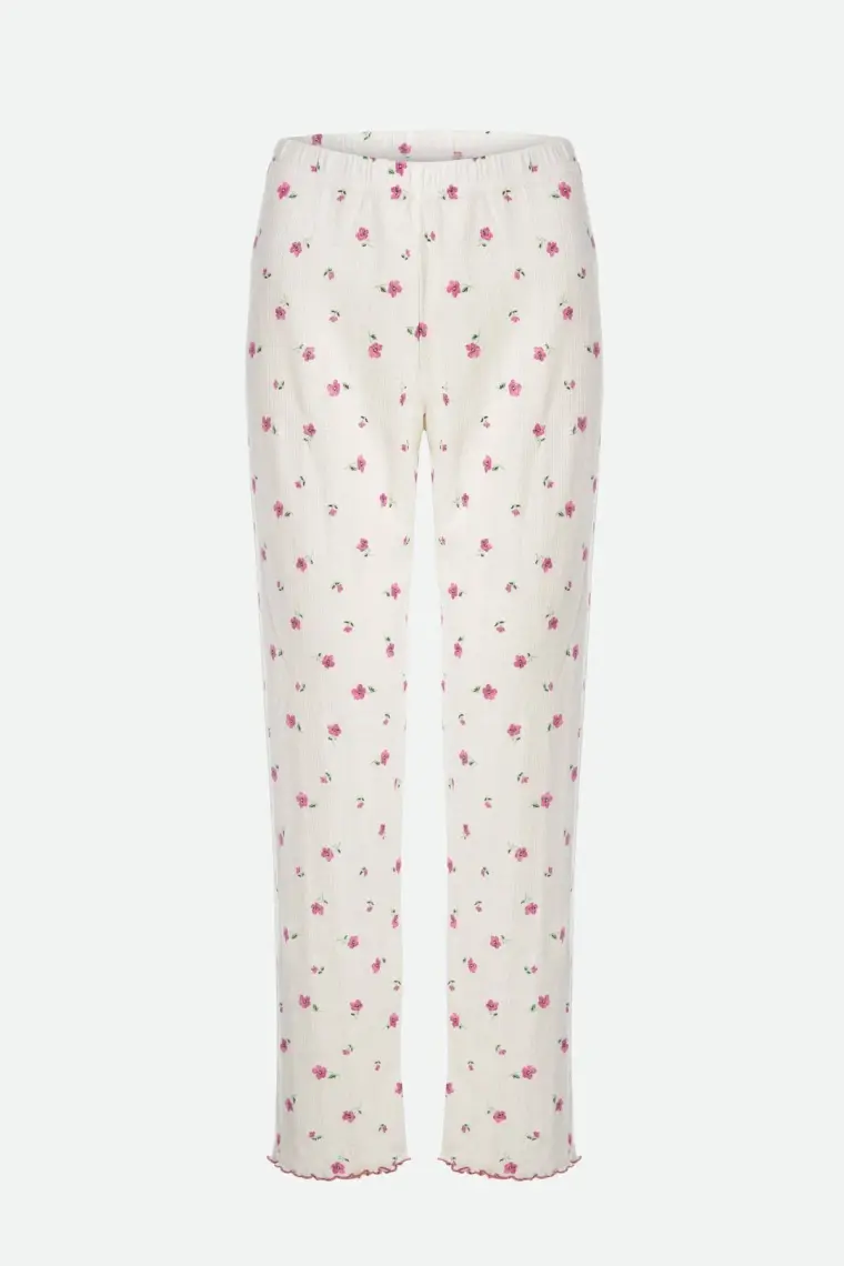 Kadın Pamuklu Çıtır Çiçek Desenli Baby Overloklu Fiyonk Detaylı Uzun Kollu Pijama Takımı