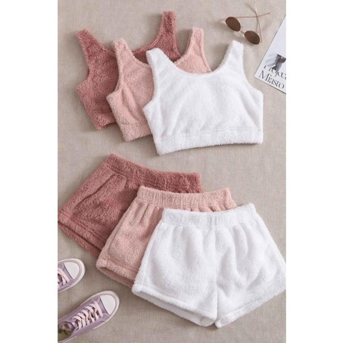 Merry See Tek Renk 1 Takım Kolsuz Askılı Peluş Polar Alt Üst Şortlu Pijama Takımı