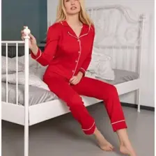 Huq Moda Huq Moda bordo Pamuklu Likralı Biyeli Düğmeli Pijama Takımı - Bordo