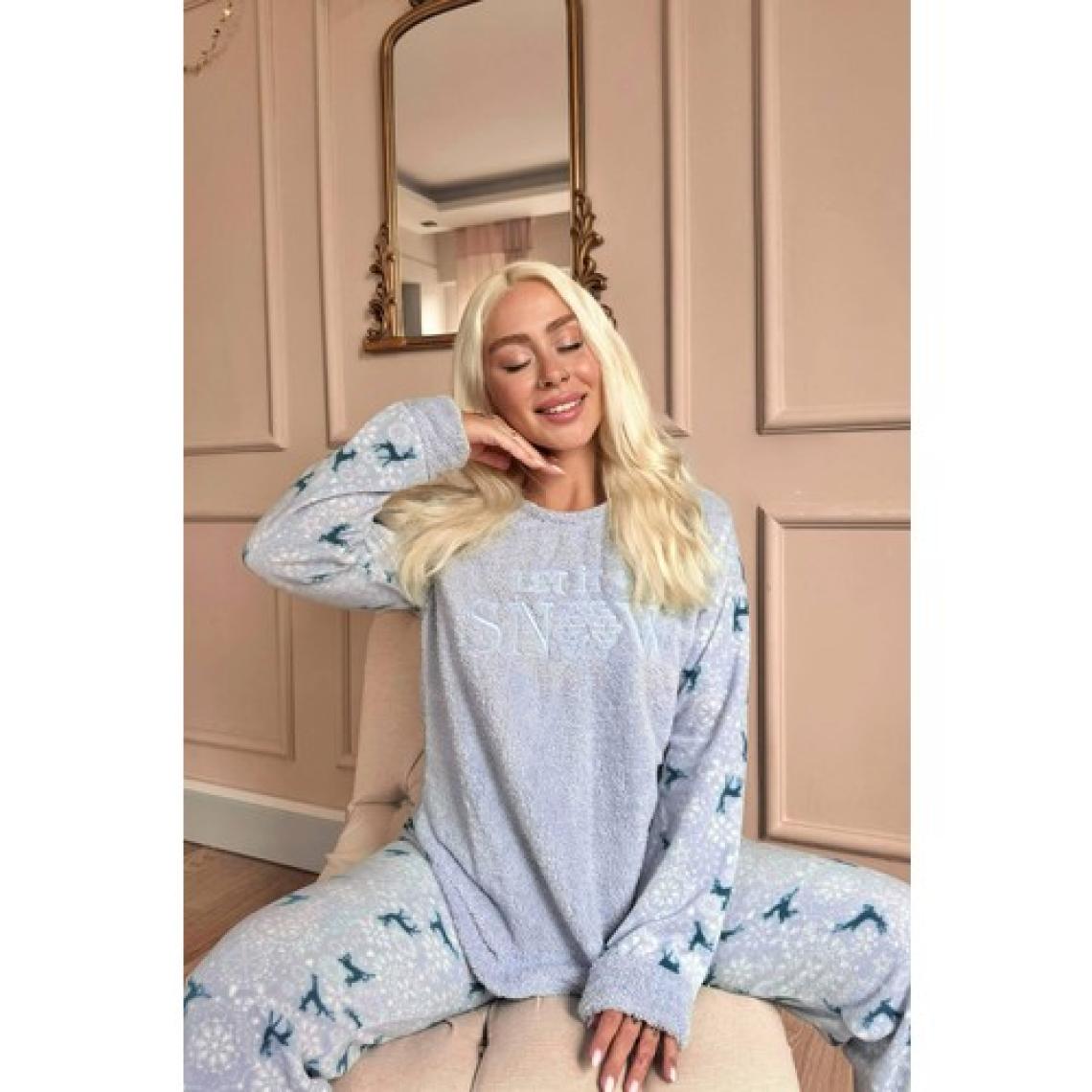 Pijama Evi Mavi Let It Snow Desenli Kadın Peluş Pijama Takımı