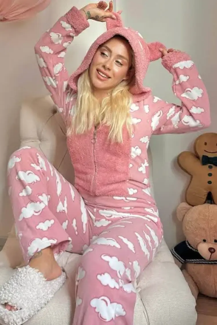Pijama Evi Bulut Desenli Kadın Polar Peluş Tulum Pijama Takımı S