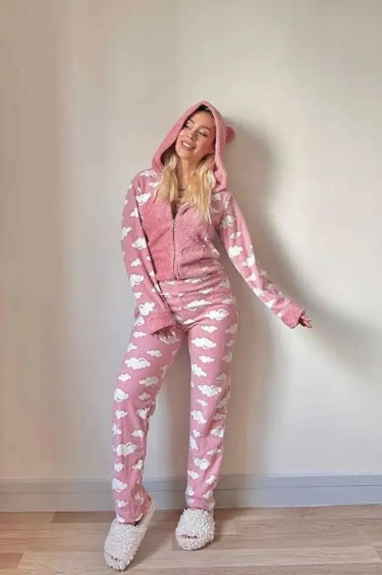 Pijama Evi Bulut Desenli Kadın Polar Peluş Tulum Pijama Takımı S
