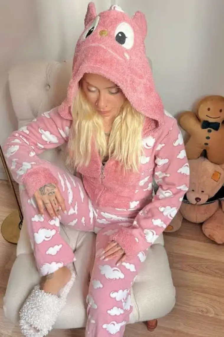 Pijama Evi Bulut Desenli Kadın Polar Peluş Tulum Pijama Takımı S