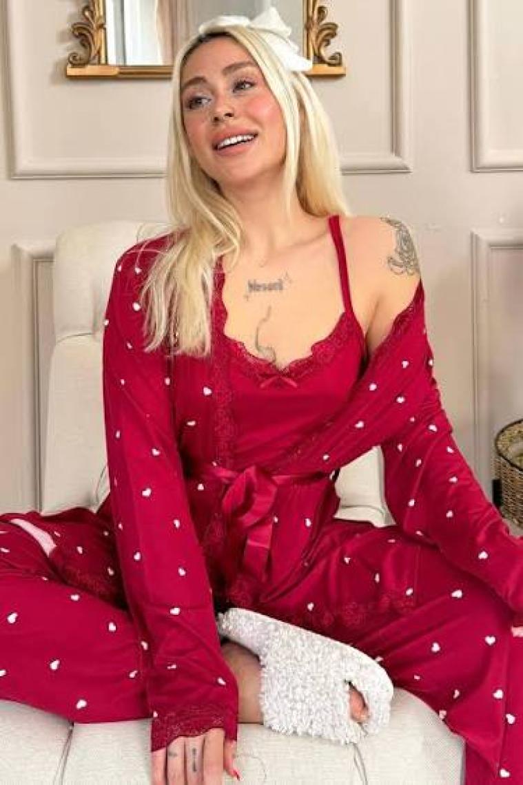 Pijama Evi Bordo Mini Kalp Desenli Bambu Sabahlıklı Kadın Pijama Takımı