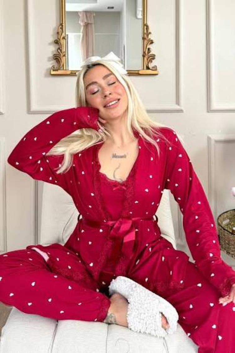 Pijama Evi Bordo Mini Kalp Desenli Bambu Sabahlıklı Kadın Pijama Takımı