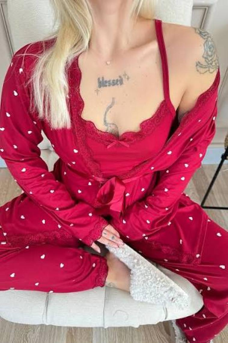 Pijama Evi Bordo Mini Kalp Desenli Bambu Sabahlıklı Kadın Pijama Takımı