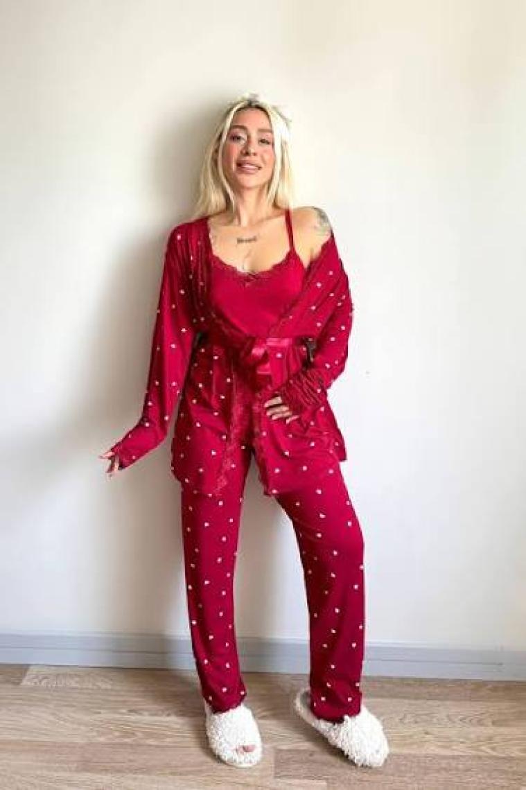 Pijama Evi Bordo Mini Kalp Desenli Bambu Sabahlıklı Kadın Pijama Takımı