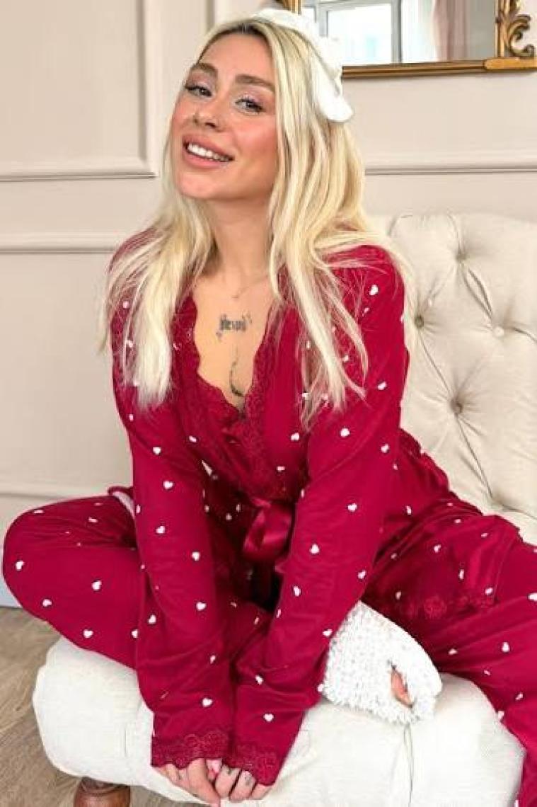 Pijama Evi Bordo Mini Kalp Desenli Bambu Sabahlıklı Kadın Pijama Takımı