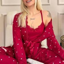 Pijama Evi Bordo Mini Kalp Desenli Bambu Sabahlıklı Kadın Pijama Takımı