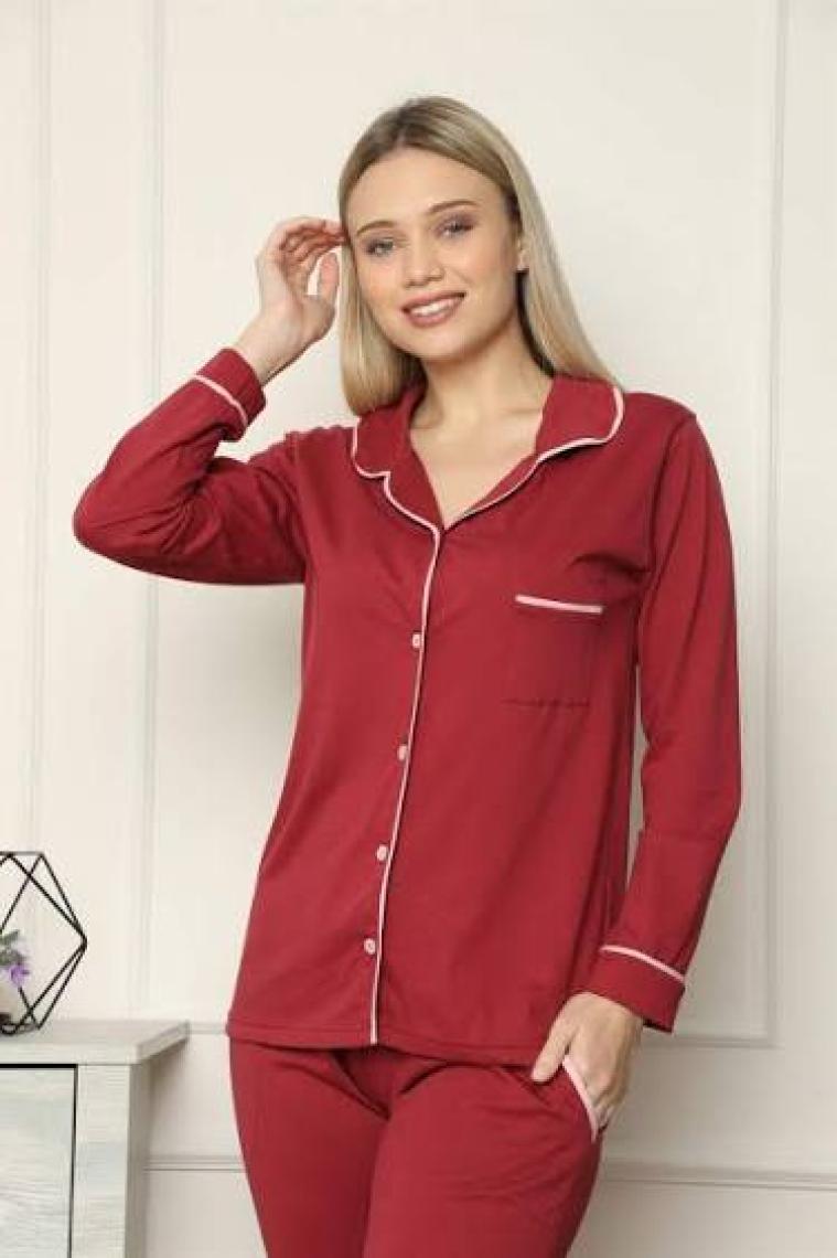 Akbeniz Kadın %100 Pamuk Penye Önden Düğmeli Uzun Kol Pijama Takım 2716