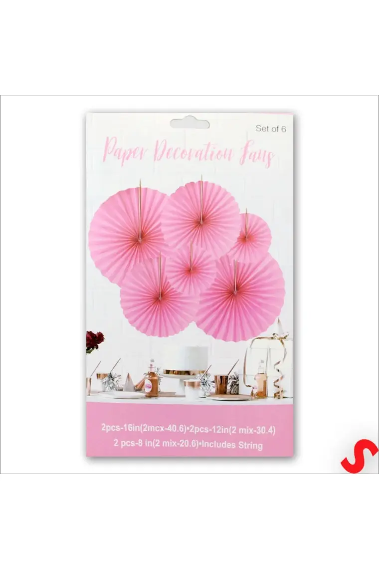 Süsle Bebek ve Parti Kağıt Yelpaze Süs, 6 Adetli Set, Pembe