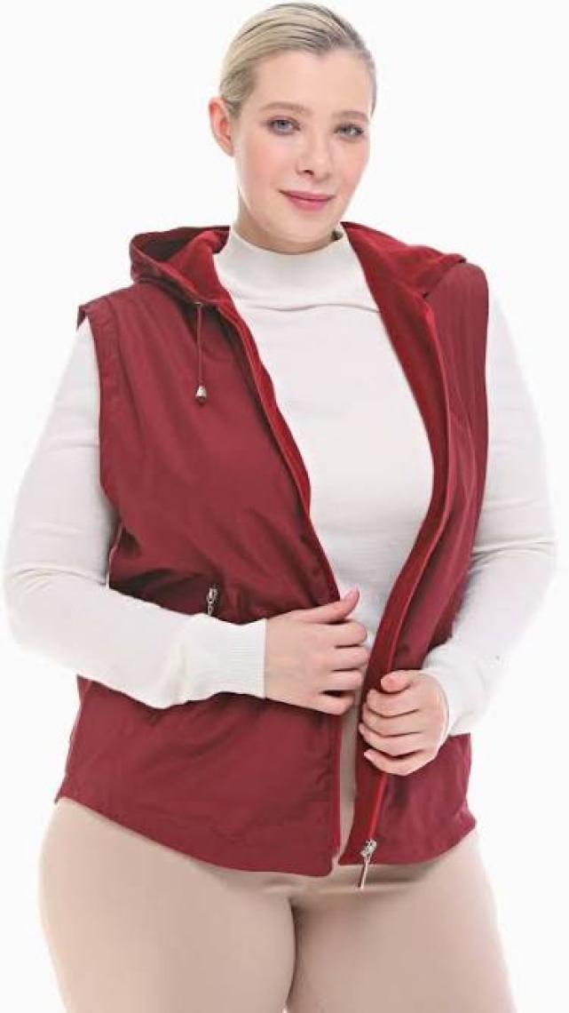 Vetre Kadın Büyük Beden Kapüşonlu Bordo Polarlı Yelek 1026