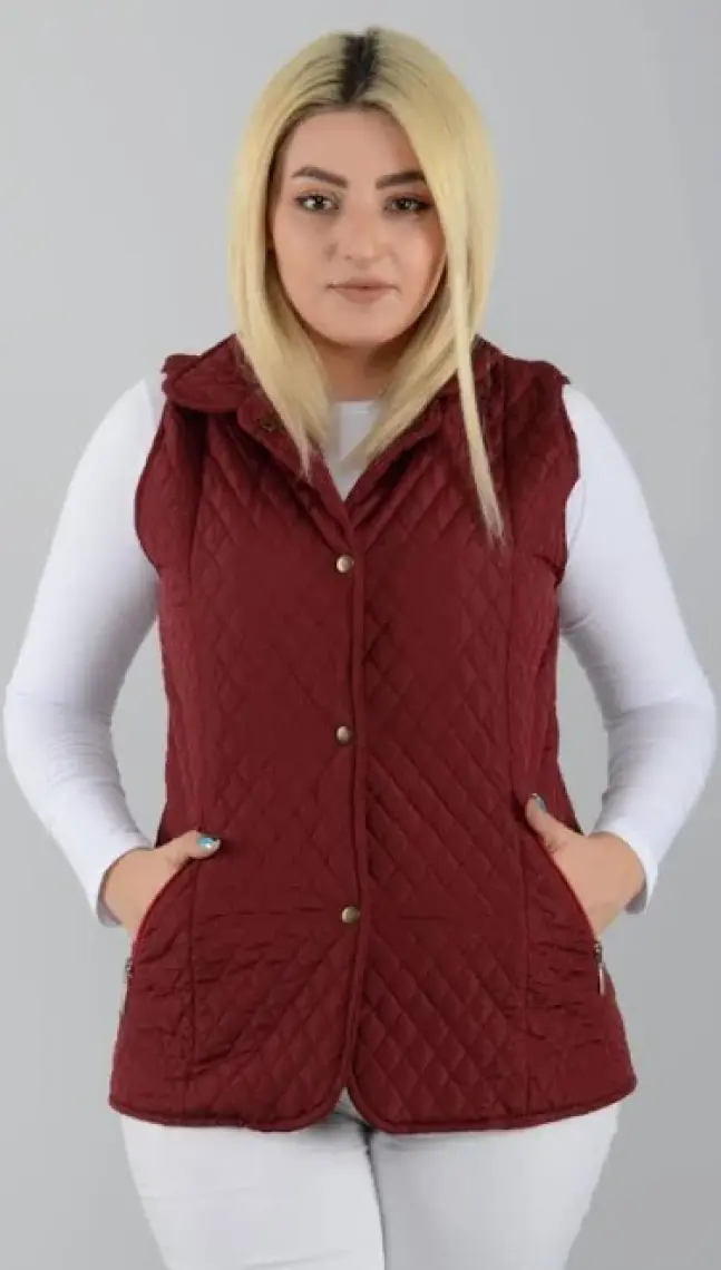Vetre Kadın Büyük Beden Polo Yaka Bordo Kapitone Yelek 1028