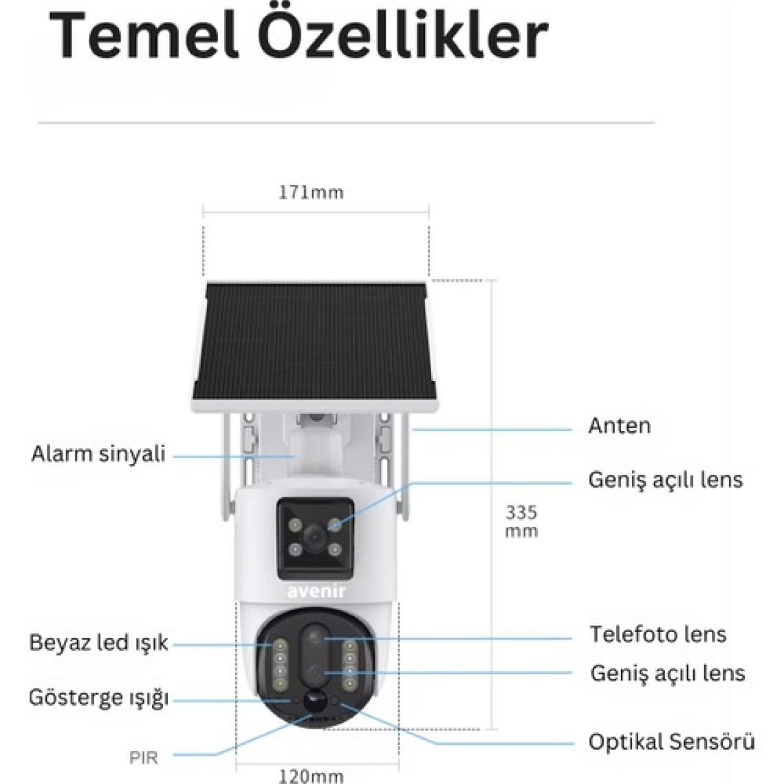 Avenir AV-M13 4g Simkartlı Solar Panelli 3 Lensli 12mp Full Color Gece Görüşü Çift Yönlü Ses Kamera