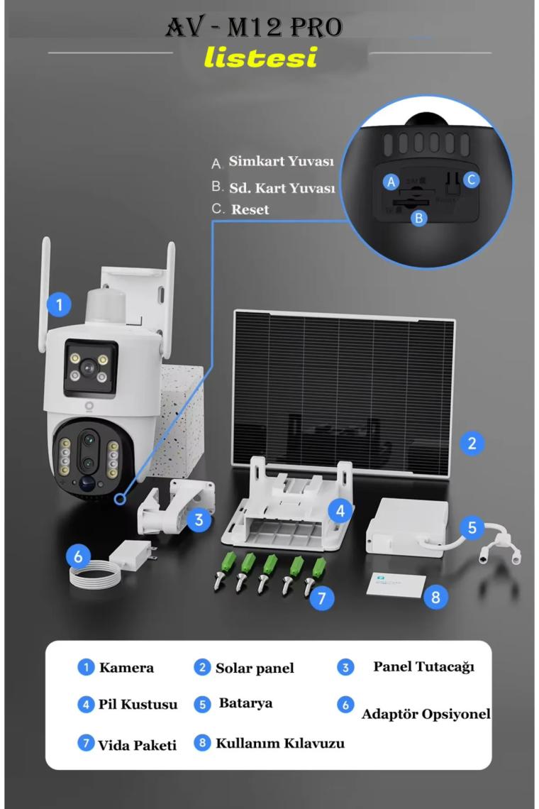 Avenir AV-M12 4g Sim Kartlı 4mp 2 Kameralı Solar Panelli Güneş Enerjili Ptz 360° Dönebilen Kamera