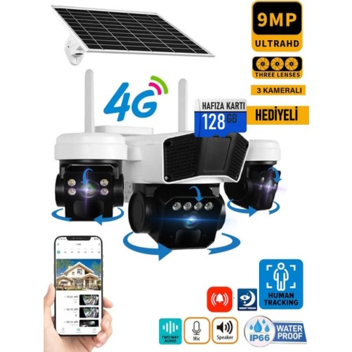 O-Kam 3936 128GB 9MP (3+3+3) Üç Kameralı UltraHD 4G Solar Akıllı Güvenlik Kamerası