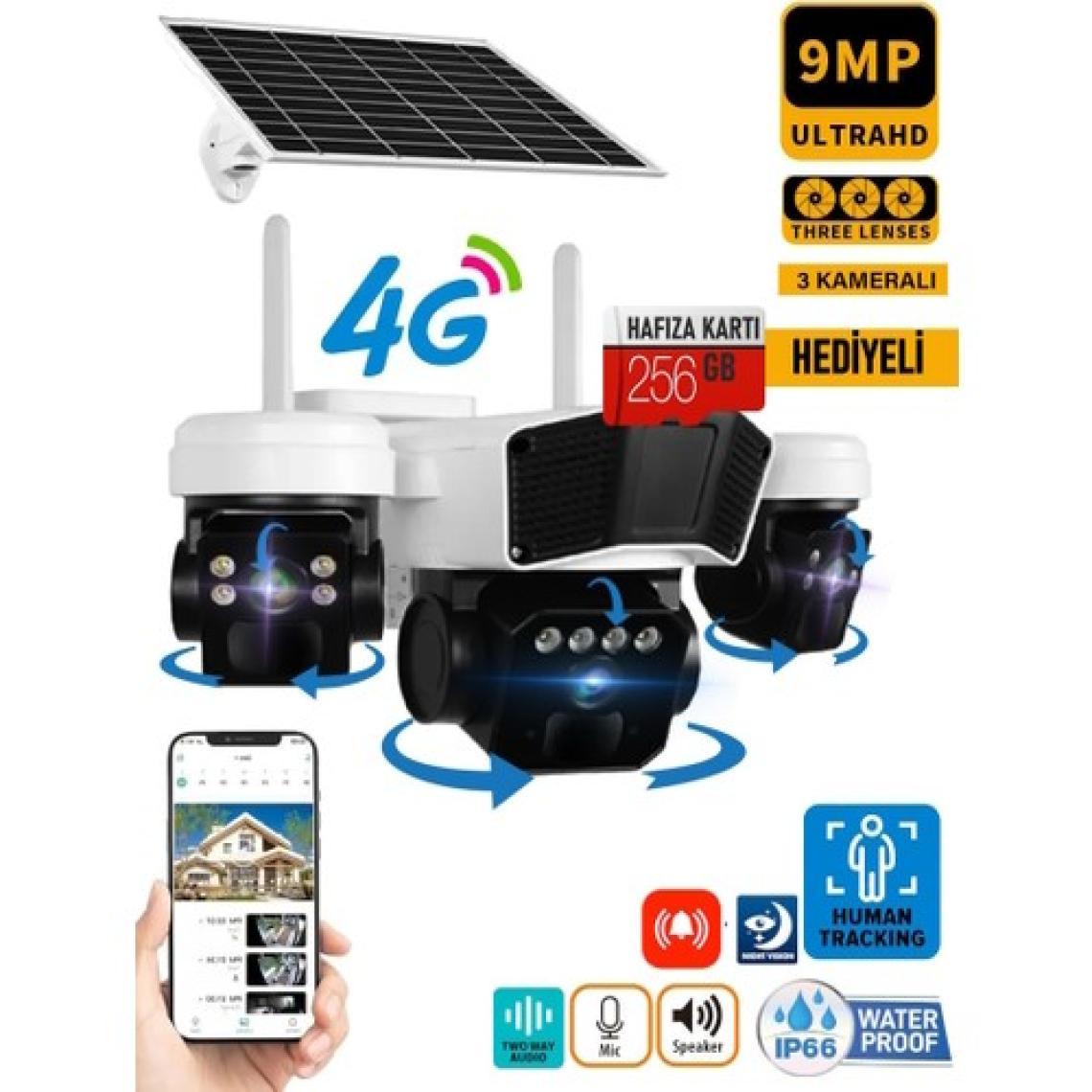 O-Kam 3936 256GB 9MP (3+3+3) Üç Kameralı UltraHD 4G Solar Akıllı Güvenlik Kamerası