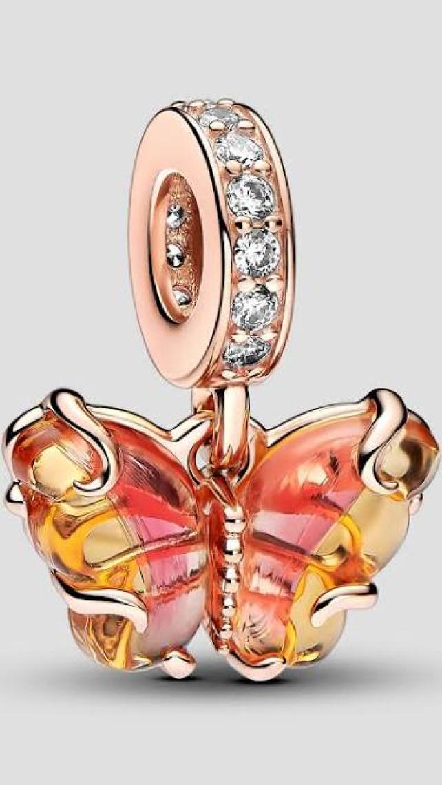 Hector Co Jewellery Tarz Pembe ve Sarı Murano Camı Kelebek Sallantılı Charm