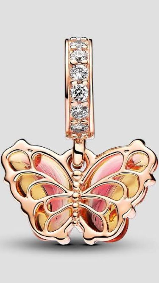 Hector Co Jewellery Tarz Pembe ve Sarı Murano Camı Kelebek Sallantılı Charm