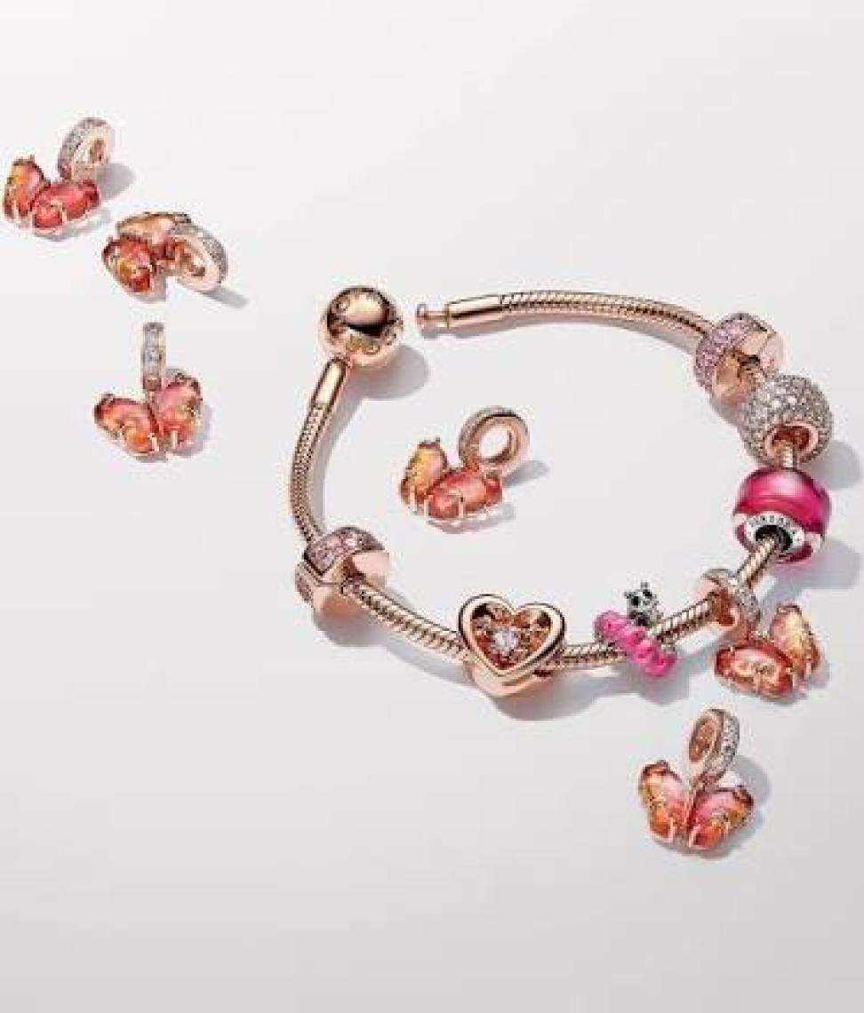 Hector Co Jewellery Tarz Pembe ve Sarı Murano Camı Kelebek Sallantılı Charm