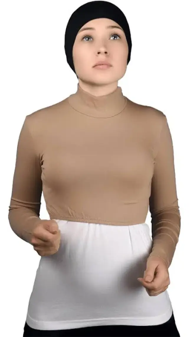Altobeh Uzun Kol Balıkçı Yaka Boğazlı Likralı Penye Kadın Yarım Body - Koyu Bej