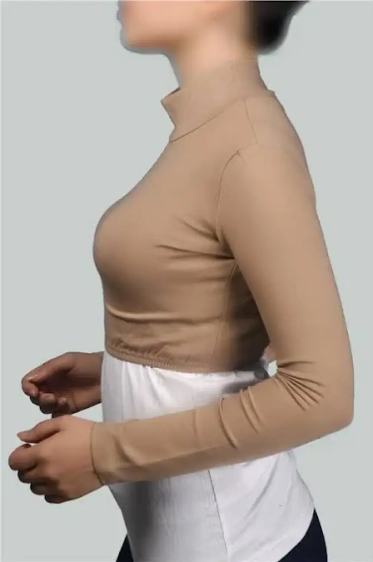 Altobeh Uzun Kol Balıkçı Yaka Boğazlı Likralı Penye Kadın Yarım Body - Koyu Bej