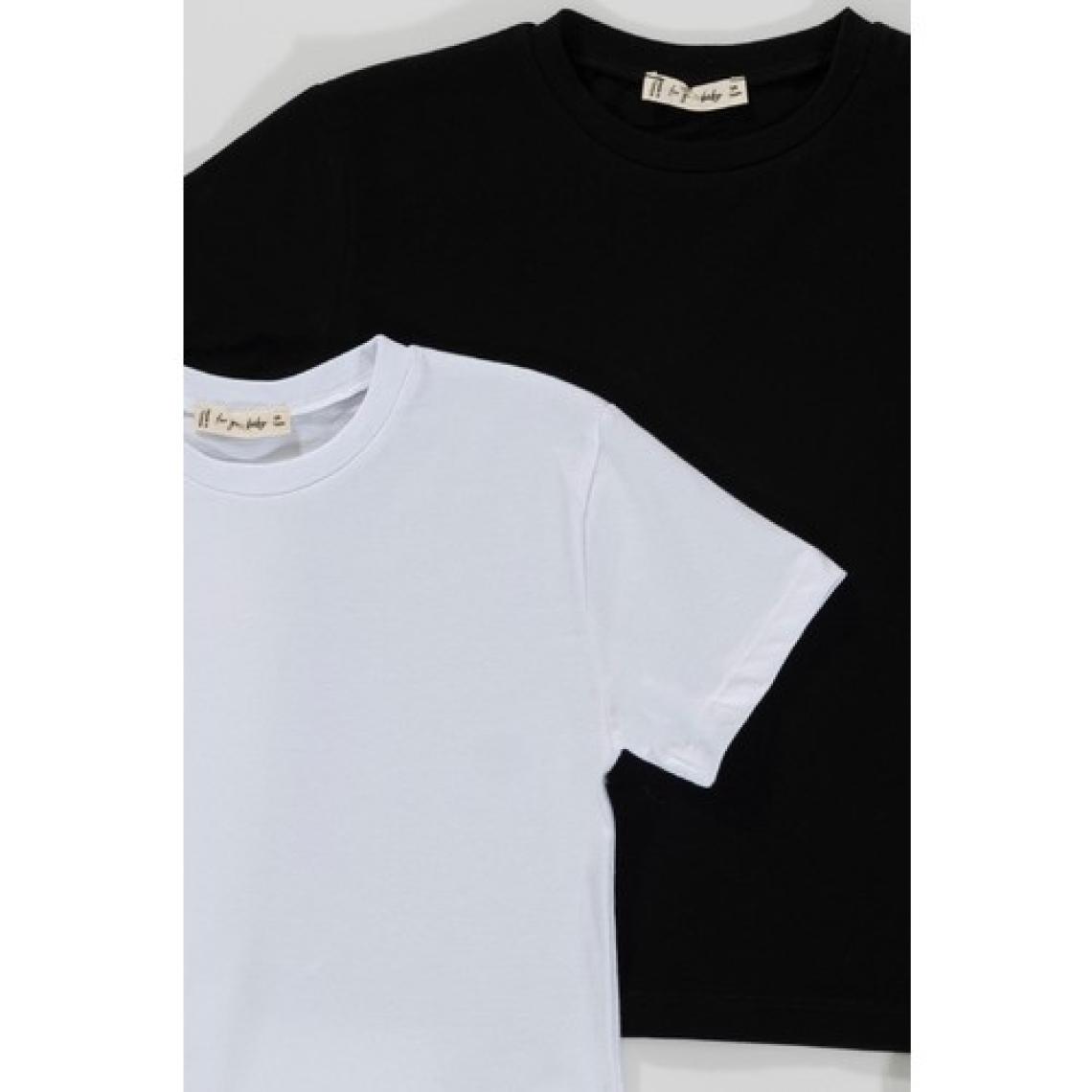 For You Kids 2'li Etiket Detaylı Cizgili Siyah Beyaz T-Shirt