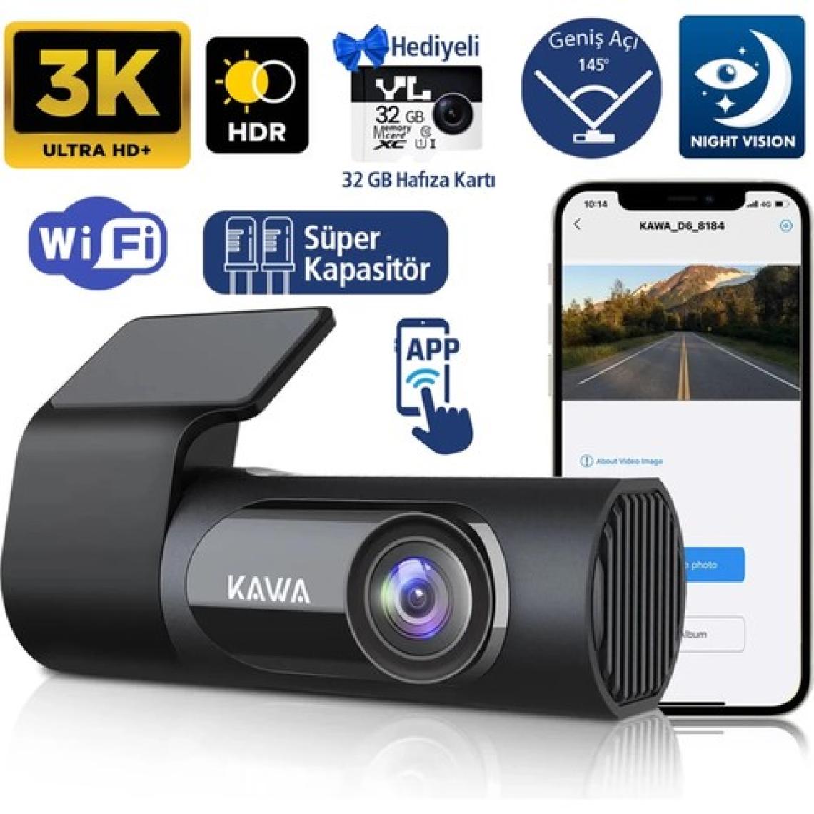 Kawa D6 3K 1620P 145° Geniş Açı Lens DSI-2 Gece Görüşlü G-Sensörlü WDR WiFi Araç Kamerası