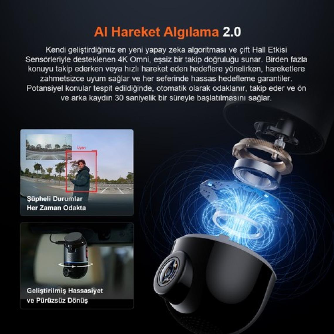 70MAI Geliştirilmiş Dash Cam Omni X800 Ultra Hd 4K Çözünürlük, 360° Dönebilen Araç Kamerası, Çift 4K Ön Araç Kamerası ve 128 GB Sd Kart, Süper Algılamalı Adas, Aı Hareket Algılama 2.0 Sürümü Siyah