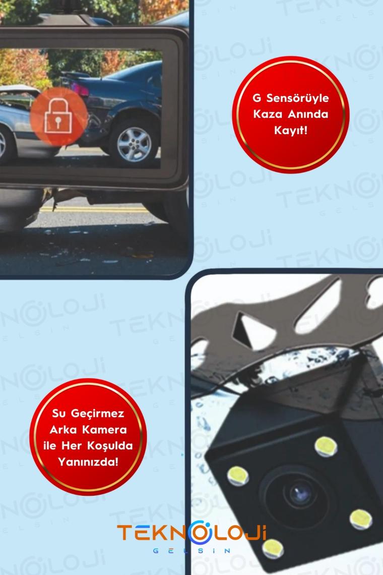 Teknoloji Gelsin Araç Içi Kamera 4'' LCD Ekran 3 Kameralı 170° Geniş Açı 1080P G-Sensör Gece Görüşlü Uyumlu Yol Kayıt