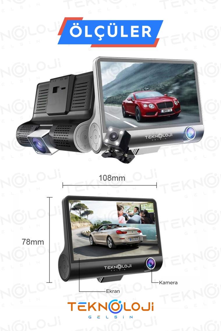 Teknoloji Gelsin Araç Içi Kamera 4'' LCD Ekran 3 Kameralı 170° Geniş Açı 1080P G-Sensör Gece Görüşlü Uyumlu Yol Kayıt