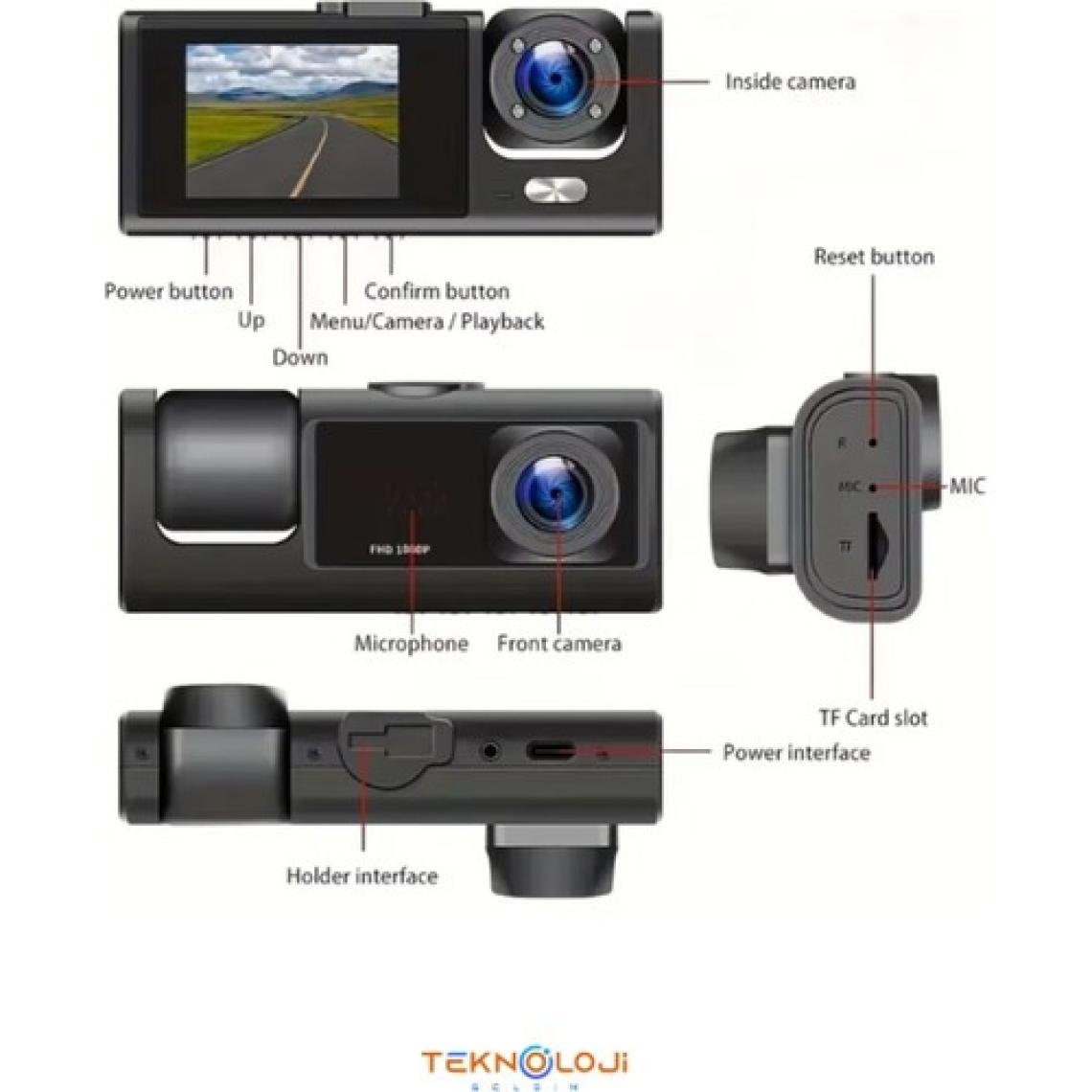 1080P Dash Cam Full Hd Araç Içi Kamera Ön Arka ve Iç Kayıt 3 Kamera Gece Görüşlü G Sensör Geniş Açı