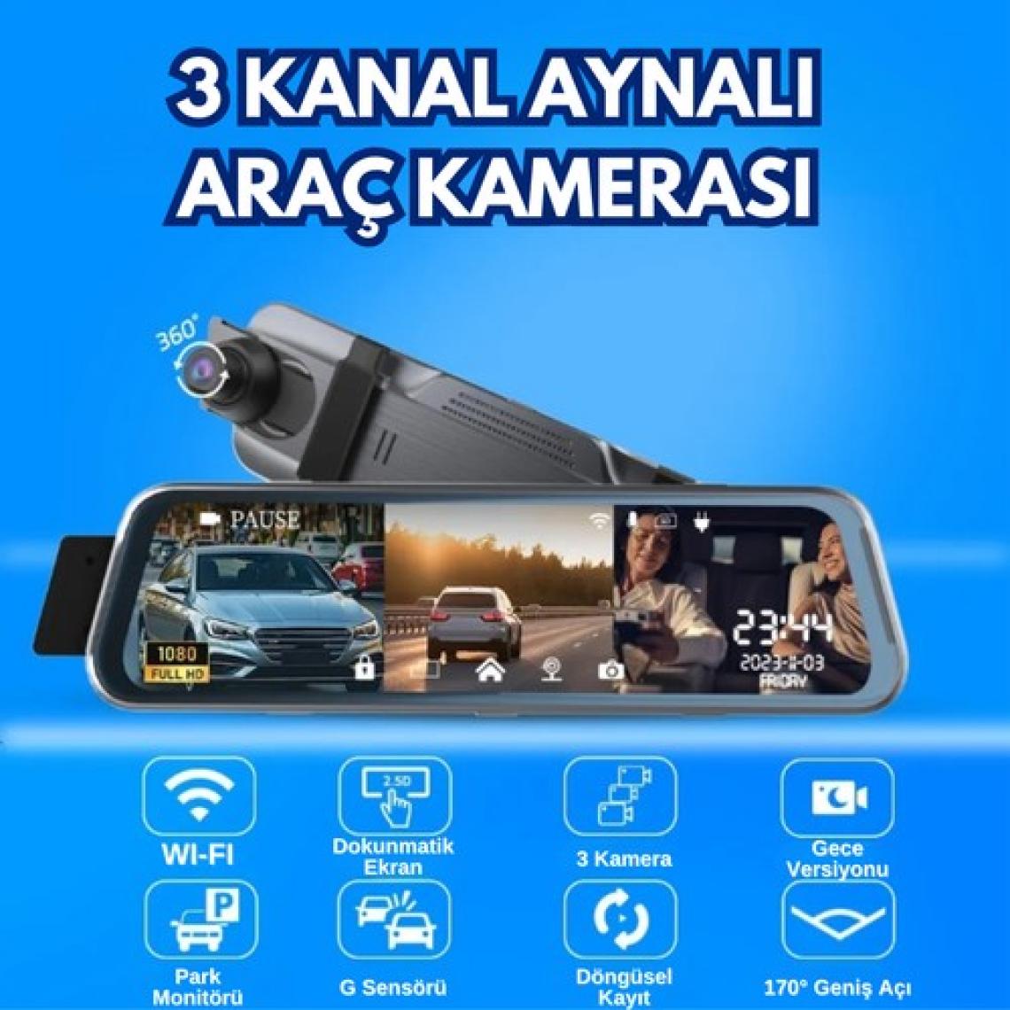 Yeelock 10 Inch Dikiz Aynası Araç Kamerası Tam Ekran Dokunmatik 1080P Ekranlı 3 Kameralı
