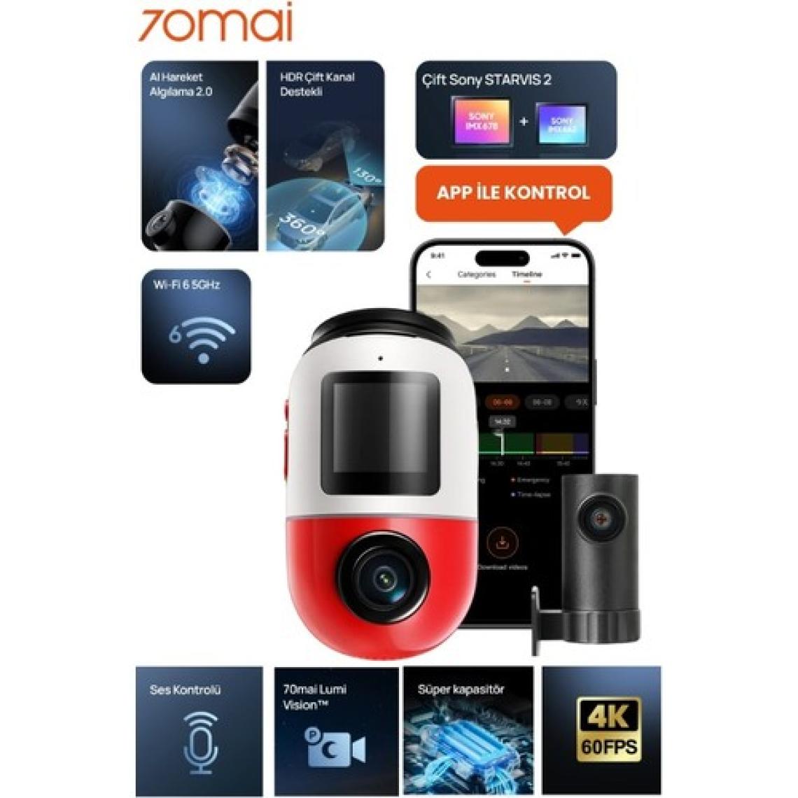 70MAI Dash Cam Omni X800-2 Ultra Hd 4K Çözünürlük Araç Kamerası , 360° Dönebilen 4K Araç Kamerası,çift 4K Ön ve Arka Kamera RC14 ve 128 GB Sd Kart,süper Algılama Adas,aı Hareket Algılama 2.0 Kırmızı