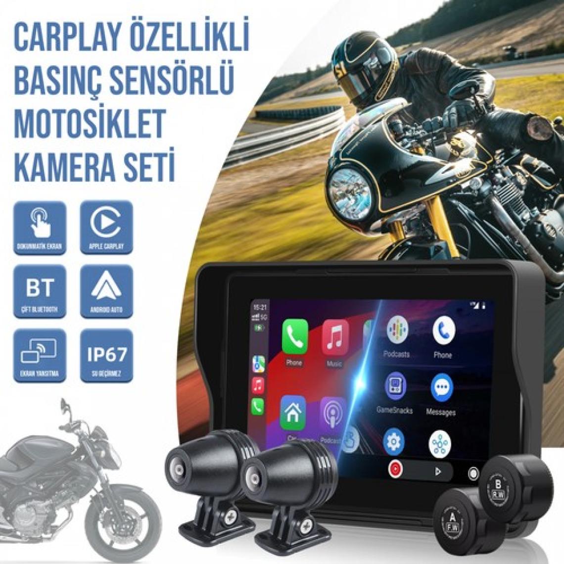 Idragon® MT10 Motosiklet Carplay Android Ios Arka Ön Kamera Lastik Basınç Sensörlü Araç Kamerası