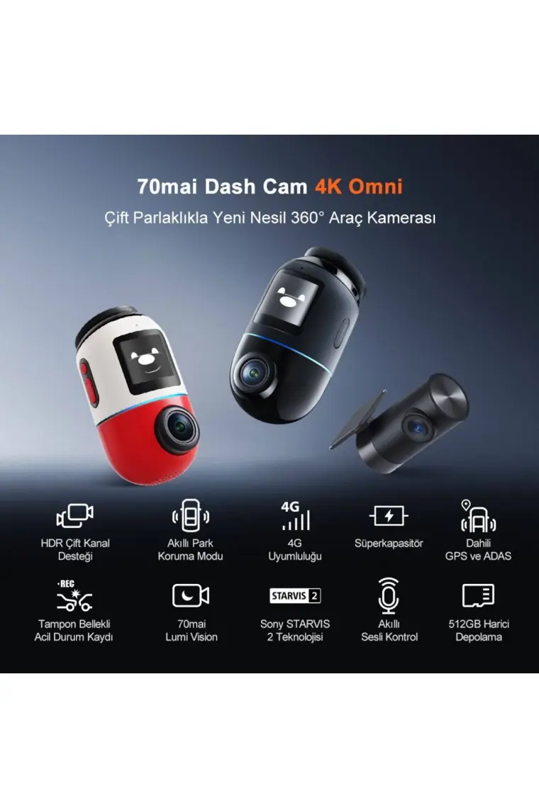 70MAI Dash Cam Omni X800-2 Ultra Hd 4K Çözünürlük Araç Kamerası , 360° Dönebilen 4K Araç Kamerası,çift 4K Ön ve Arka Kamera RC14 ve 128 GB Sd Kart,süper Algılama Adas,aı Hareket Algılama 2.0 Kırmızı