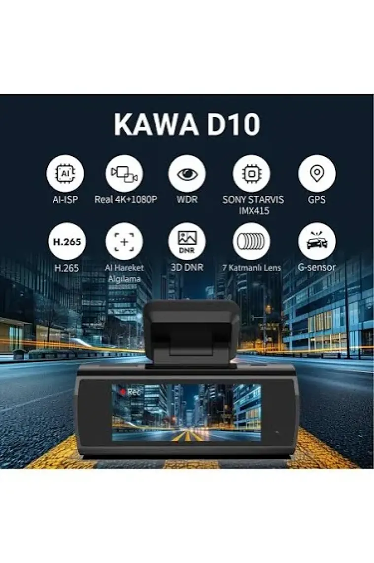 Kawa D10 Çift Kameralı 4K+1080P Sony Starvıs Sensörlü Yapay Zeka Destekli Wi-Fi ve Gps'li Araç Kamerası