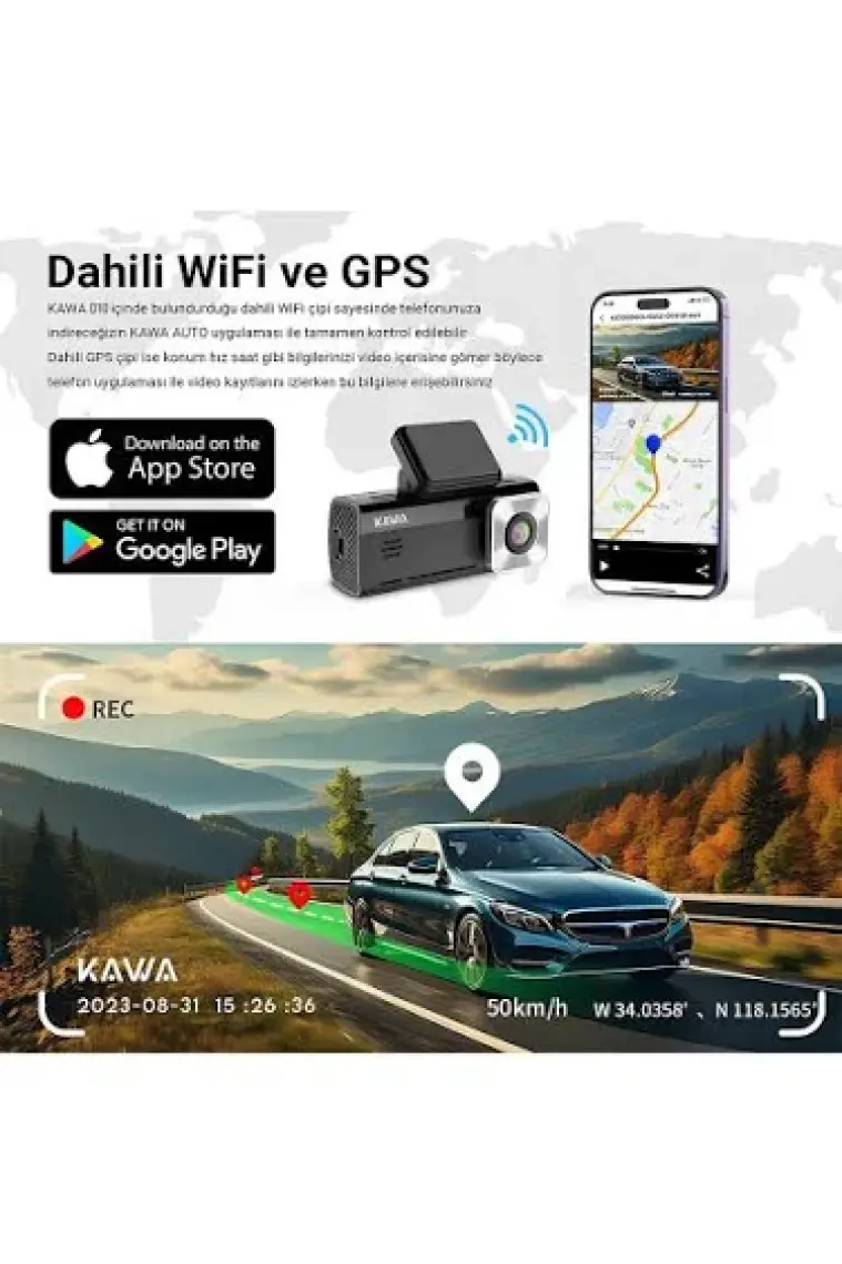 Kawa D10 Çift Kameralı 4K+1080P Sony Starvıs Sensörlü Yapay Zeka Destekli Wi-Fi ve Gps'li Araç Kamerası
