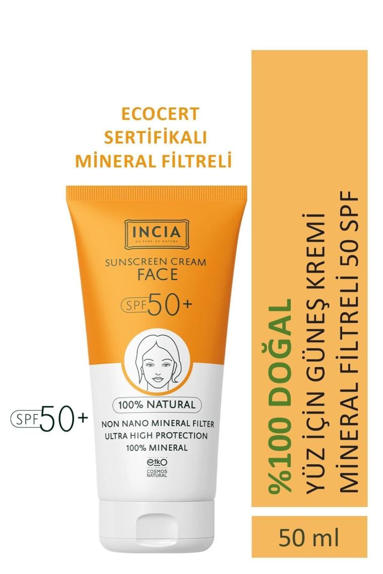%100 Doğal Yüz Güneş Kremi Leke Karşıtı Mineral Filtreli Yüksek Koruma SPF50 UVA UVB 50 ml